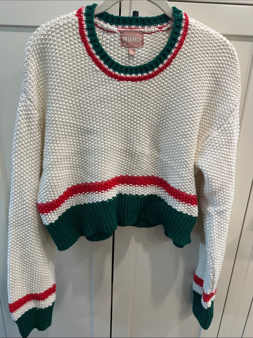 Show Me Your MuMu Cream Crewneck Sweater with Green and Red Trim